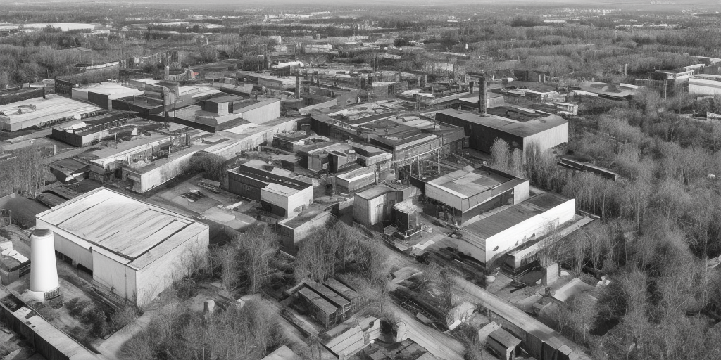 A black and white 3d rendering of a factory in Wuppertal, a very close-up shot. It is a clear and bright day. In the center of the image, a brick chimney stands tall, dominating the top half of the picture. In the background, behind the industrial building, there is a tree. Everything else is hidden in deep shadow except for the chimney. The chimney, as the tallest object, rises stretches towards the light of the sun, as if it were a tree turning towards its source of food. The tree, which is just a tree, is only a dark outline in comparison. Would it be too deep to say that here, the capitalist human work rises above natural creativity, showing its strength and pride without realizing that its downfall is already inherent in this outstanding pride? Or is a chimney sometimes just a chimney?