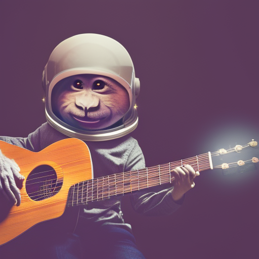 monkey playing guitar, with astronaut helmet, ultra-realistic portrait cinematic lighting 80mm lens, 8k, photography bokeh