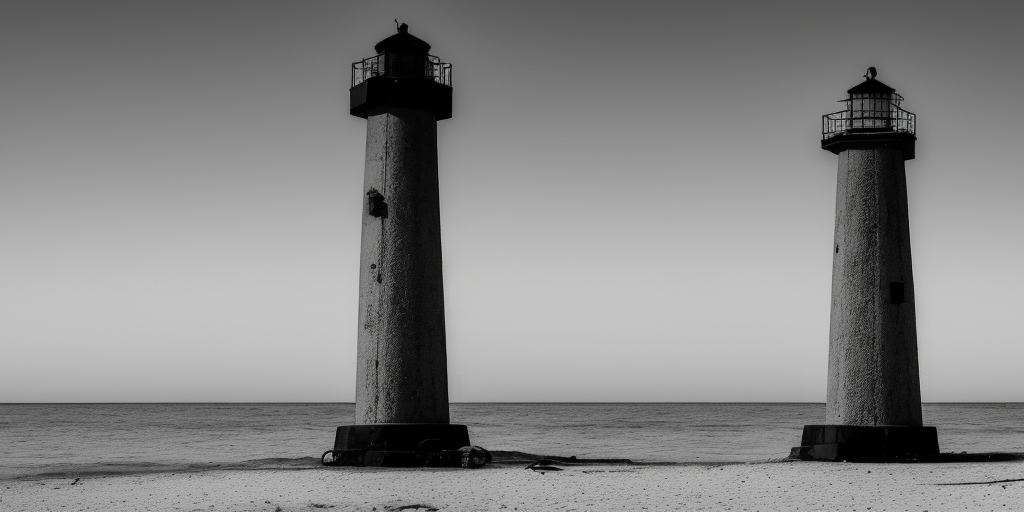 A grayscale image of a platform on a metal column directly in front of a Spiekerooge beach. This could be mistaken for a lighthouse, but this can only happen on clear, bright days. At night, the construct then clears itself up due to its lack of luminosity. Otherwise it is cloudy, but dry. On the horizon you can barely see the mainland. Directly in front of the tower, a sandbank with its highest hump tip pushes through the water surface.