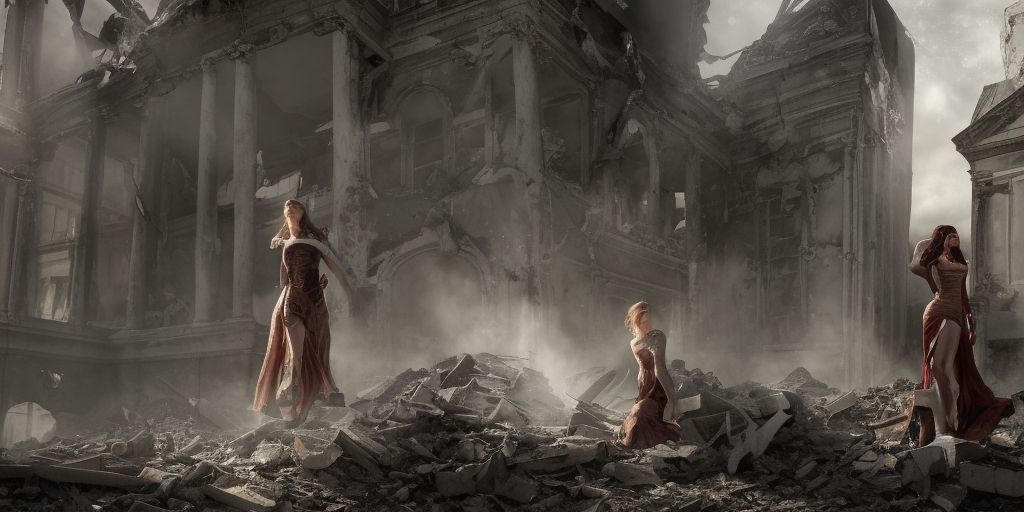 beautiful female witches exploring scorched ruins of the white house in washington dc, realistic faces, portrait, symmetrical, cinematic, dramatic lighting, 3 d render, photo realistic, ultra detailed, ruan jia, peter morbacher, wlop, scifi, fantasy, magic the gathering, octane render, 8 k