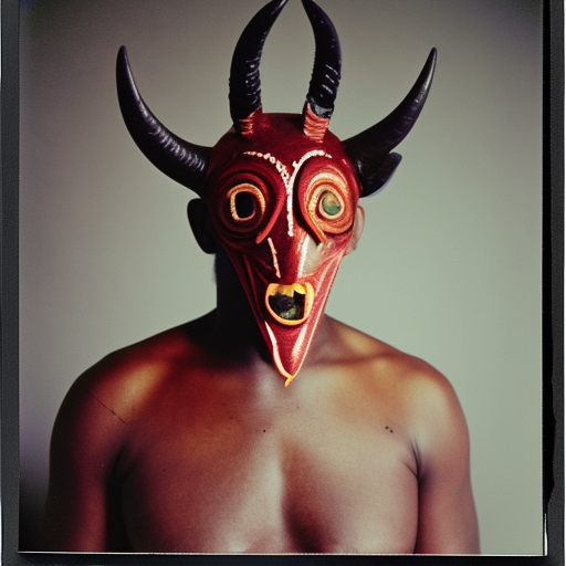 Long shot, a polaroid of a shirtless African American male wearing a devil mask with ram’s horns, dark, blurred, film grain