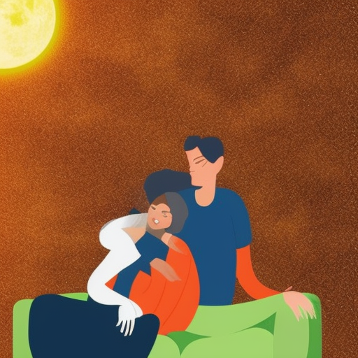 two lovers on a sofa on moon, earth planet view