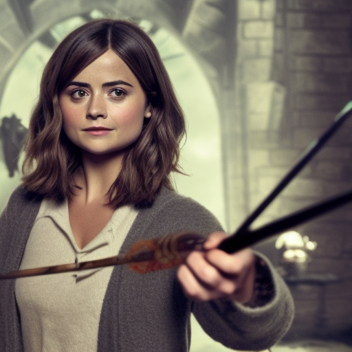 Jenna Coleman in the world of harry potter with a wand in a duel photograph photorealistic