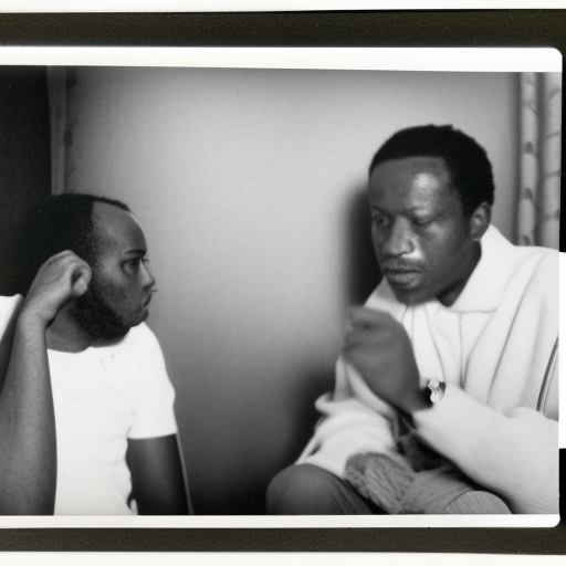 African American beat writers sitting and talking in cheap hotel in Morroco, vintage Polaroid photography by Andy Warhol, documentary style