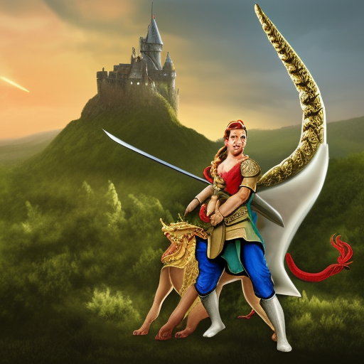 Create an image of a brave hero standing in front of a mythical creature, such as a dragon, unicorn or griffin. The hero should be holding a sword and have a determined look on their face, ready for battle. In the background, there should be a grand and mystical castle, surrounded by lush green forests and rolling hills. The colors used should be vibrant and the overall scene should give off a sense of adventure and excitement. digital painting, by Stanley Artgerm Lau, Sakimichan, WLOP and Rossdraws, digtial painting, trending on ArtStation, SFW version