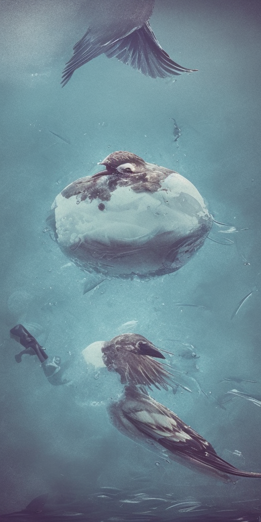 a artstation of A bird's corpse under water
