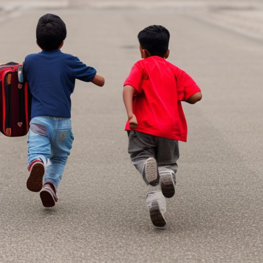 Two brown boys running with duffle bags