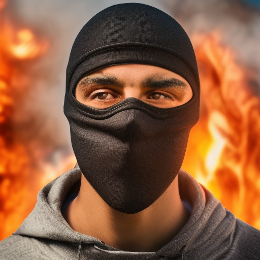 Black Man with ski mask standing in a field on fire no distortion 8k ultra hd ultra-realistic portrait cinematic lighting 80mm lens, 8k, photography bokeh