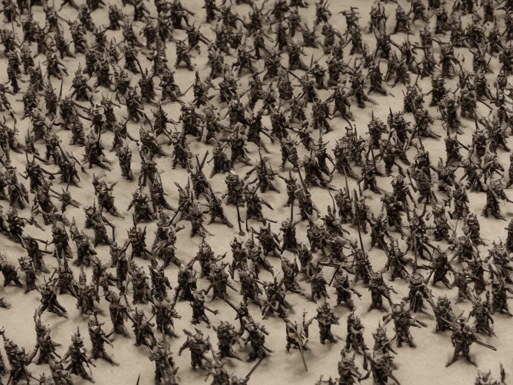 Army of demons marching,  distant top view at 45 degrees