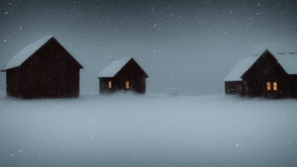 Dark, Snowy Landscape with Blizzard! in a snowstorm!, a lonely, small shack in the distance with dim orange lights in the windows, snowstorm, digital art, highly detailed, blizzard, 4k