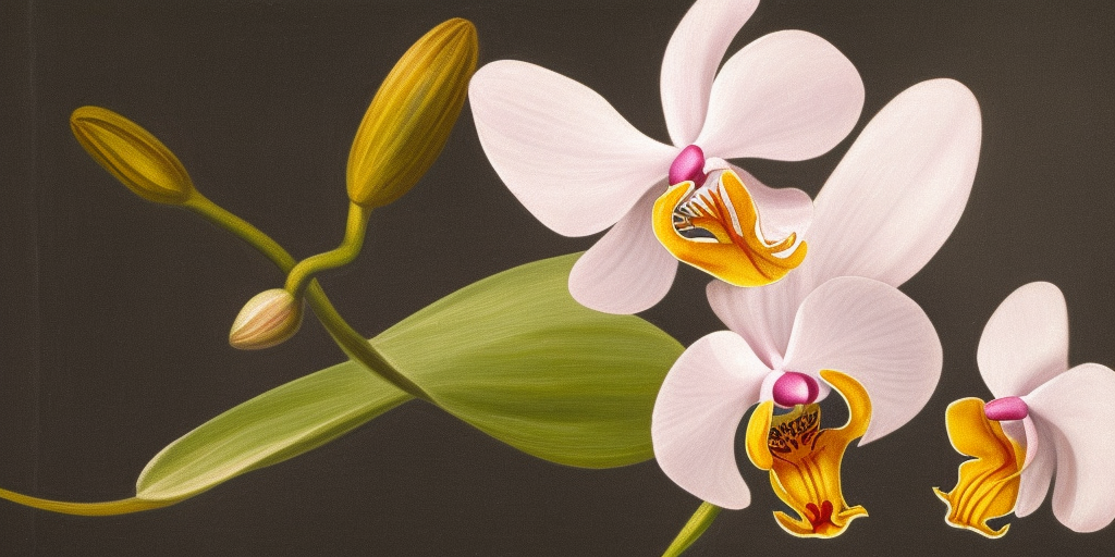 a classicism painting of an orchid blossom opens and out comes a rocket (like from an egg)