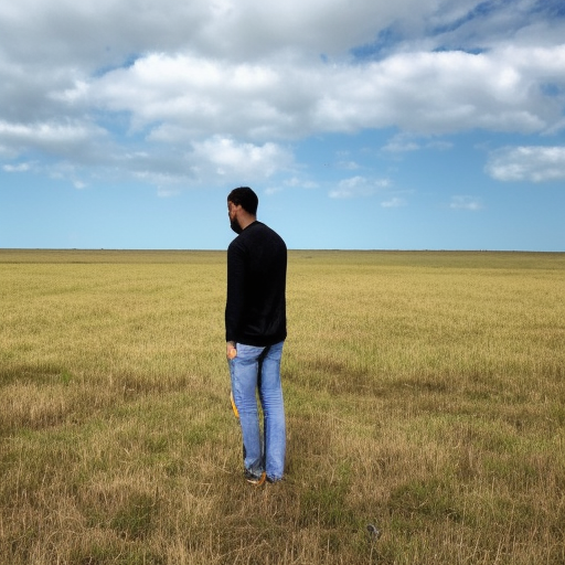 First-person view of a man who is standing in front of the land that he has just bought, which has low grass, and in the back, far away, there are other plots of land with fences demarcating the area, but this land that the man is looking at does not have any fence 