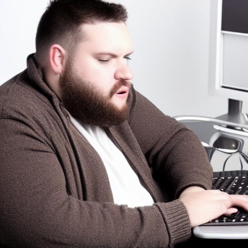 young man, chubby, short beard, scruffy brown hair, smoking weed, computer chair