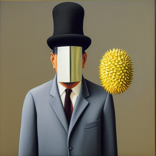 painting of a man with a durian covering his face, wearing a bowler hat and overcoat, standing in front of the post-apocalypse, oil on canvas, by René Magritte