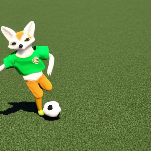 a fennec in mascot soccer player with a green outfit, he carries a football, next to him another fennec with a blue outfit that carries a package 