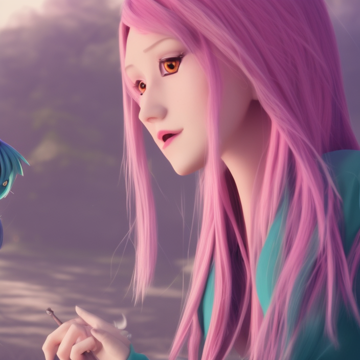 A young adult witch with a cottage-core aesthetic with rose-colored hair and teal clothing, Nobutaka Ike, animated film still, character design, fantasy, 3D, 8k resolution