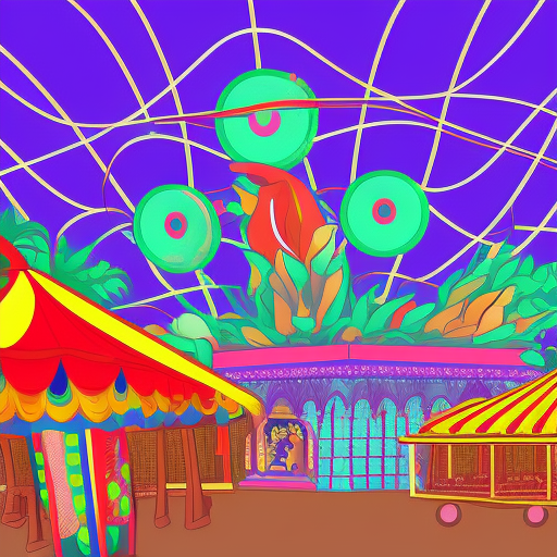 empty indian mela scene, many stalls, rides and roller-coaster behind in background, digital art style, sunny background 