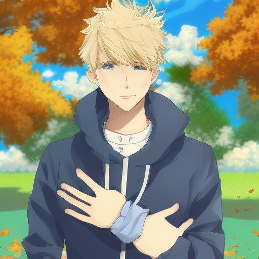 1boy, medium hair, blonde hair, blue eyes, bishounen, colorful, autumn, cumulonimbus clouds, lighting, blue sky, falling leaves, garden, anime