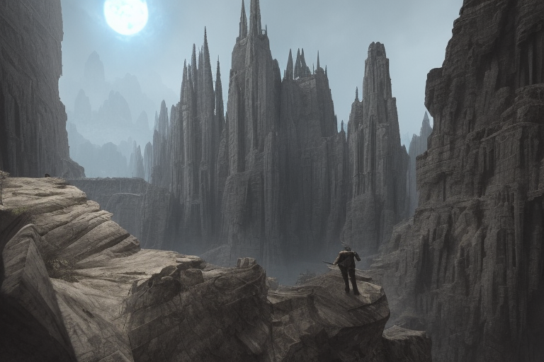 stunning city of stone inside a gray granite canyon, fusion of star wars and gothic revival architecture, by marc simonetti, natural volumetric lighting, realistic 4k octane beautifully detailed render, 4k post-processing —ar 9:16 —no people –uplight,