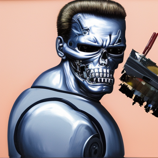 t-800 terminator using paintbrushes to paint a self portrait