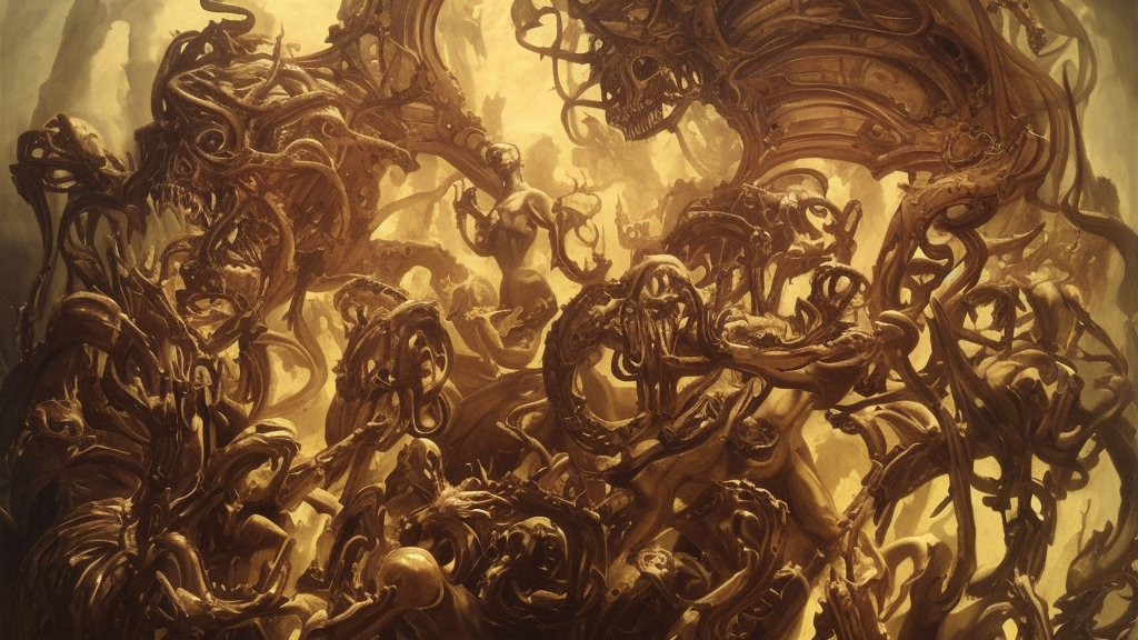 elegant renaissance painting of biomechanical warhammer final boss bodybuilder vecna battle, art by alex ross and peter mohrbacher, epic biblical depiction, flesh and bones, fangs, teths and tentacles, corpses and shadows!
