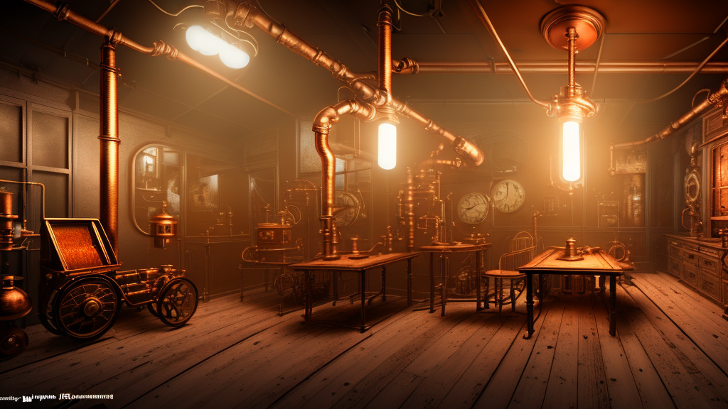 steampunk floor plan of a victorian museum, james gurney, cinematic lighting, lots of steam and sparks, wires made of copper, artstation, vibrant nature, tuomas korpi, tekkon kinreet, volumetric light, artstation,, octane render, redshift render, low angle camera, rich deep moody colors
