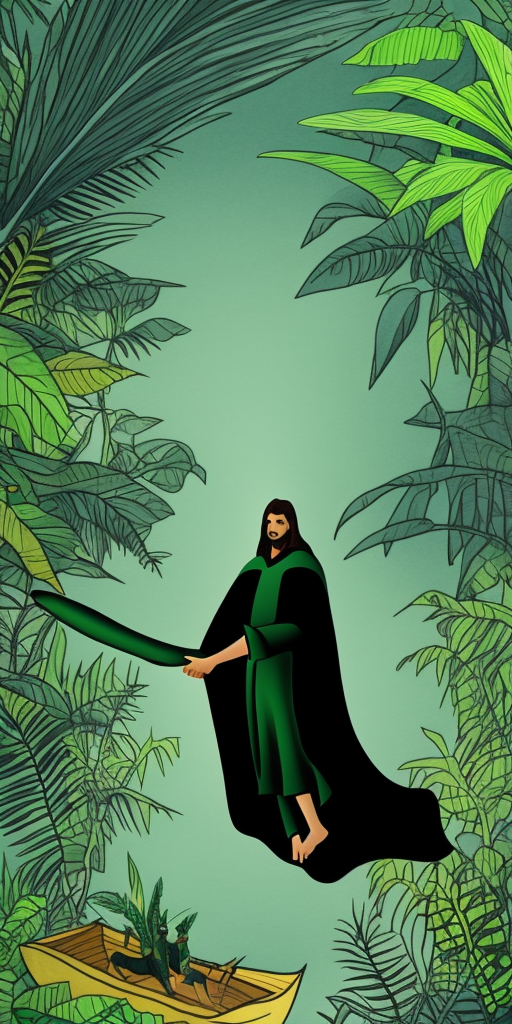 prophet wearing dark green cape standing on a fish in jungle boat dark ,black and green pencil illustration high quality