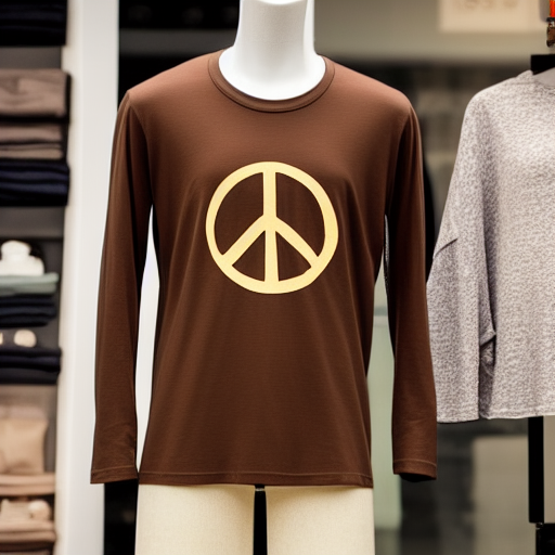 Vintage style long sleeve brown t shirt with a peace sign, worn by a fully assembled store display mannequin, natural daylight, 45mm lens, 4k, clean, high quality material