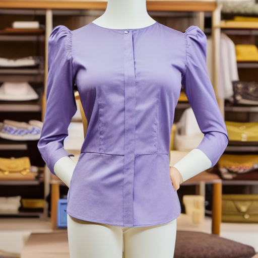 modern style long sleeve cotton blouse with a gold trimmed bodice, worn by a fully assembled store display mannequin, natural daylight, 45mm lens, 4k, clean, high quality material