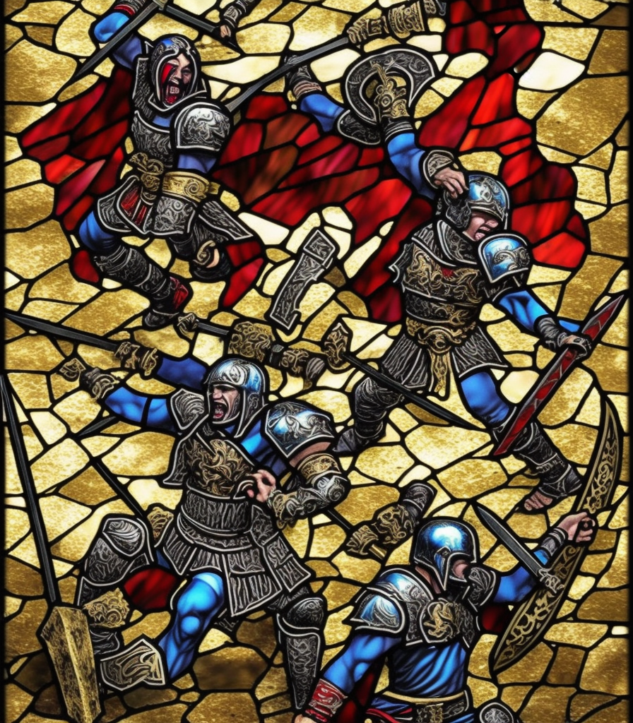 triumphant young evil gladiator beating good gladiator, battle between good and evil, Path of Exile, Warhammer fantasy, black and red, gold and blue, stained glass, grim-dark, gritty