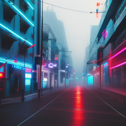 a cyberpunk neon city street with foggy roads, all the buildings are cyan in colour except a red building in the centre, dreamlike ambience