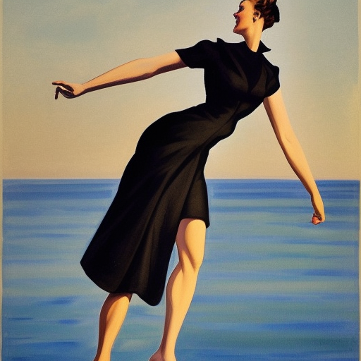 woman in black dress on the beach, blue sky, leyendecker style