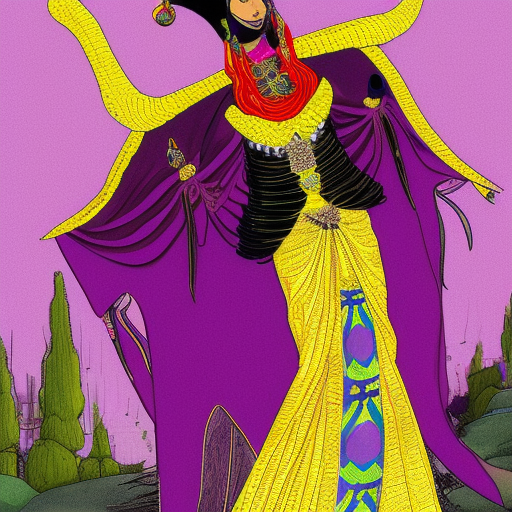 snake empress. with large headdress, in a royal palace. red cosmo in background. long purple and black Dress. Green skin. braids in hair. concept art. 