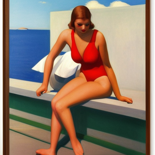 sexy goddess in a swimsuit at the beach, realistic, edward hopper

