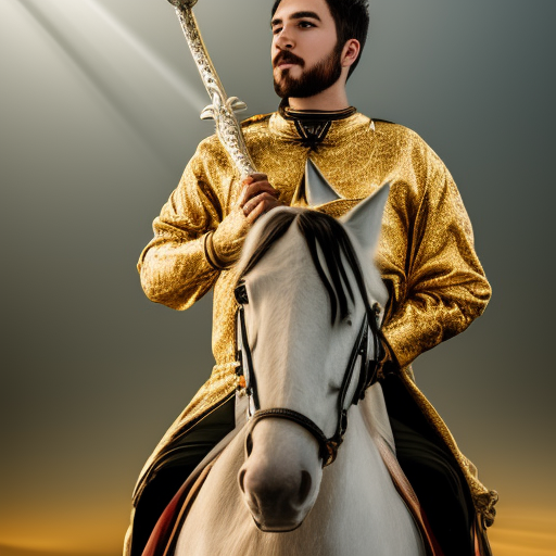  man traveling to another dimension on a white horse with a sword in hand, and golden clothing ultra-realistic portrait cinematic lighting 80mm lens, 8k, photography bokeh