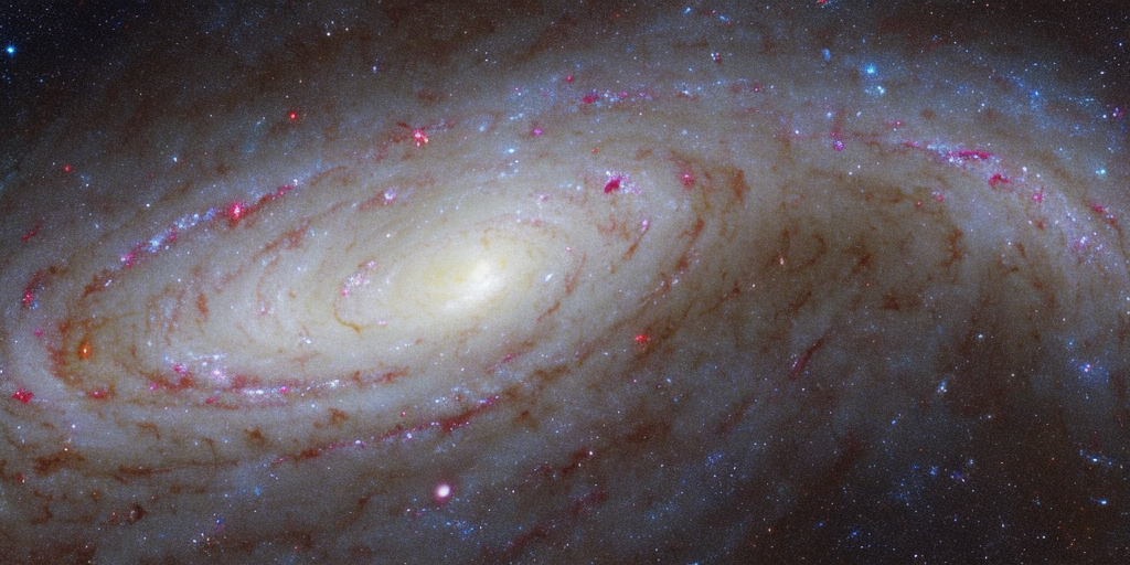 a artstation of a Beautiful spiral galaxy NGC 6744 is nearly 175,000 light-years across, larger than our own Milky Way. It lies some 30 million light-years distant in the southern constellation Pavo, its galactic disk tilted towards our line of sight. This Hubble close-up of the nearby island universe spans about 24,000 light-years across NGC 6744's central region in a detailed portrait that combines visible light and ultraviolet image data. The giant galaxy's yellowish core is dominated by the visible light from old, cool stars. Beyond the core are pinkish star forming regions and young star clusters scattered along the inner spiral arms. The young star clusters are bright at ultraviolet wavelengths, shown in blue and magenta hues. 