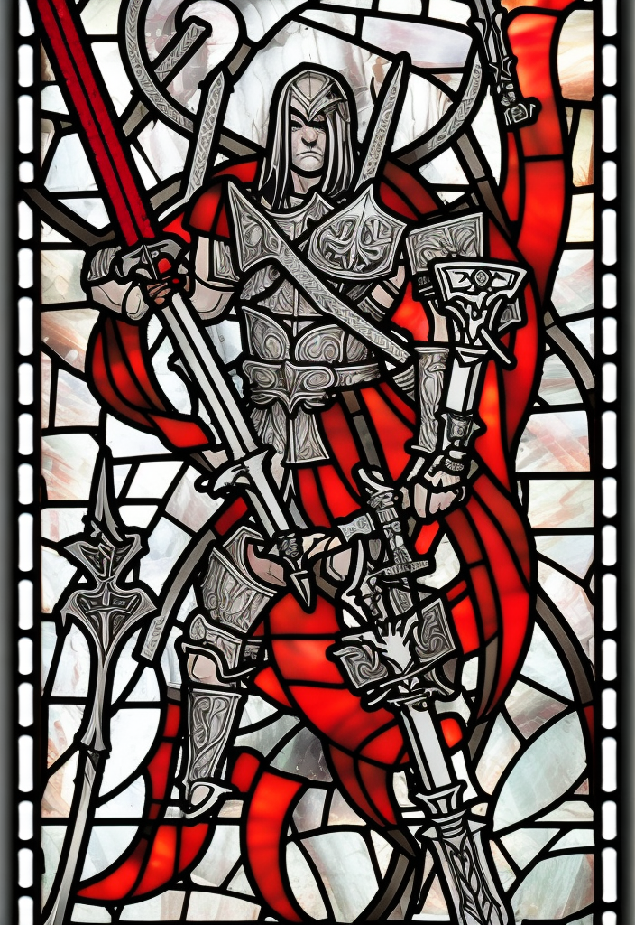 stained glass, a young aggressive evil demonic gladiator with a big demonic sword, Warhammer fantasy, black and red, grim-dark, detailed
