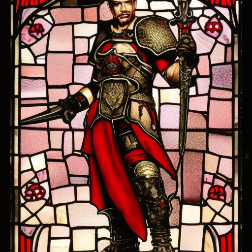 a young aggressive evil satanic gladiator with a big demonic sword, stained glass, hellfire on a background, Warhammer fantasy, black and red, grim-dark, detailed