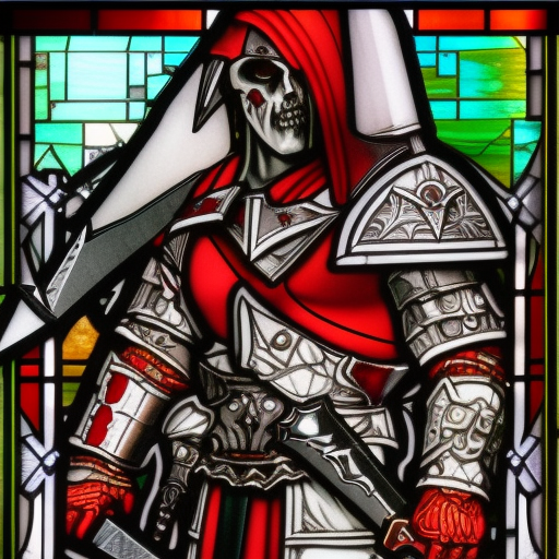 stained glass, a young aggressive evil demonic gladiator with a big demonic sword, Warhammer fantasy, Diablo, intricate details, black and red, grim-dark, detailed
