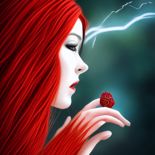 Red haired Goddess, holds a spark of all creation in her hands, a tiny red dragonlet, intricate dress, wide angle, intricate, elegant, overdetailed, professional digital painting,, smooth, sharp focus, 8K, realistic