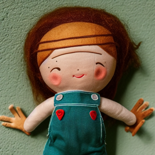 an adorable simple puerto rican vejigante ball jointed doll lovingly crafted from sanded wood , wearing little hand stitched overalls with love in every stitch, worms eye view, with hair that is a green ombre macro camera lens, cinematic, focus 
