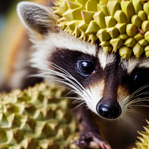 macro shot photograph of an extremely tiny baby raccoon on top of a durian that is bigger than it