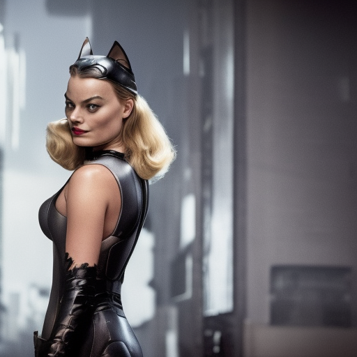 Margot Robbie as real-life Catwoman, cinematic, Wide-shot, atmospheric lighting, directed by Quentin Tarantino, extreme detail, 8K, movie still