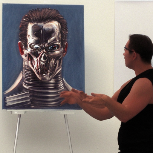 realistic photograph of the t-800 terminator teaches an art class