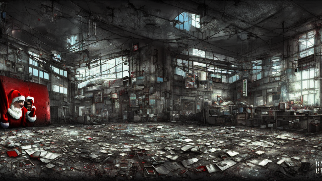 santa's abandoned factory. cyberpunk. apocalyptic. sadness. mess. disorder. santa claus hat. abandoned gifts. water leaks. broken tiles. broken objects. high quality. high fidelity. digital art.