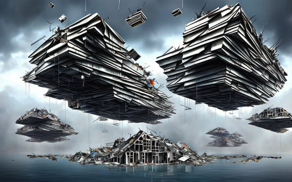 hyper realistic Lebbeus Woods floating city, building made of parts and rubbish on fire and exploding into pieces and falling through clouds

