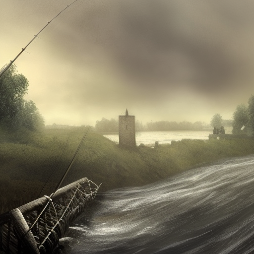 dark medieval straight big river, rocky rapids, river lock with two sluices between island and shore, two water levels, Warhammer fantasy, house, summer, trees, fishing, nets, black adder, muddy, misty, overcast, Dark, creepy, grim-dark, gritty, hyperdetailed, realistic, illustration, high definition