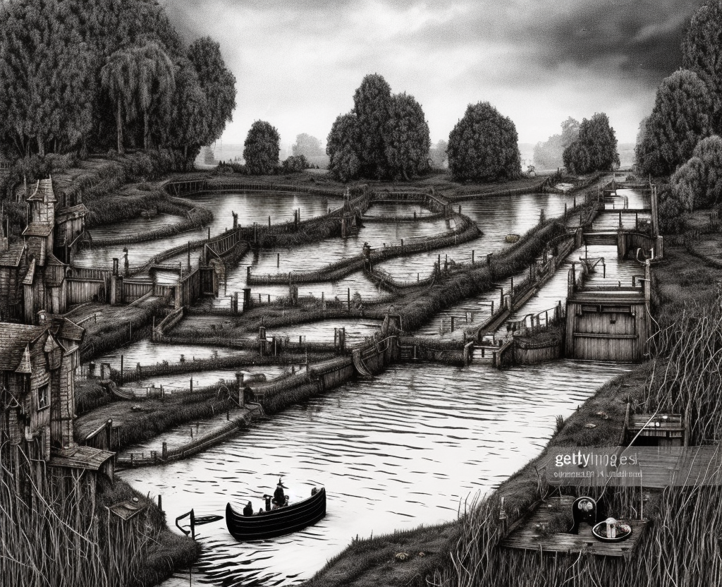 dark medieval wide straight river, lock with 2 sluices, water levels, lock gates, one house, rocks, Warhammer fantasy, summer, bushes, trees, nets, fishing, fish, water-lily, boat, poor, black adder, muddy, puddles, misty, overcast, Dark, creepy, grim-dark, gritty, detailed, realistic, illustration, high definition