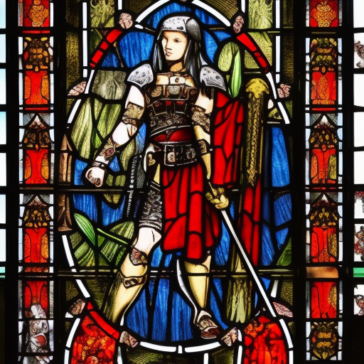dark medieval, a young evil satanic triumphant gladiator holding a sword up, Warhammer fantasy, intricate stained glass, black and red, gold and blue, grim-dark, detailed, gritty