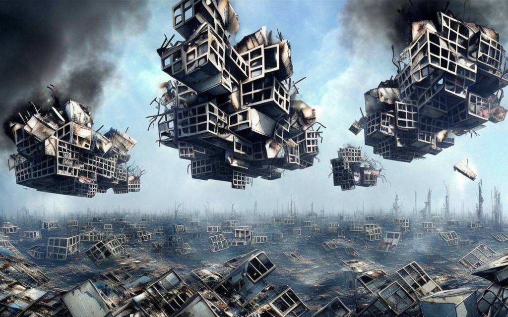 very realistic Lebbeus Woods floating city, building made of parts and rubbish on fire and exploding into pieces and falling through clouds
